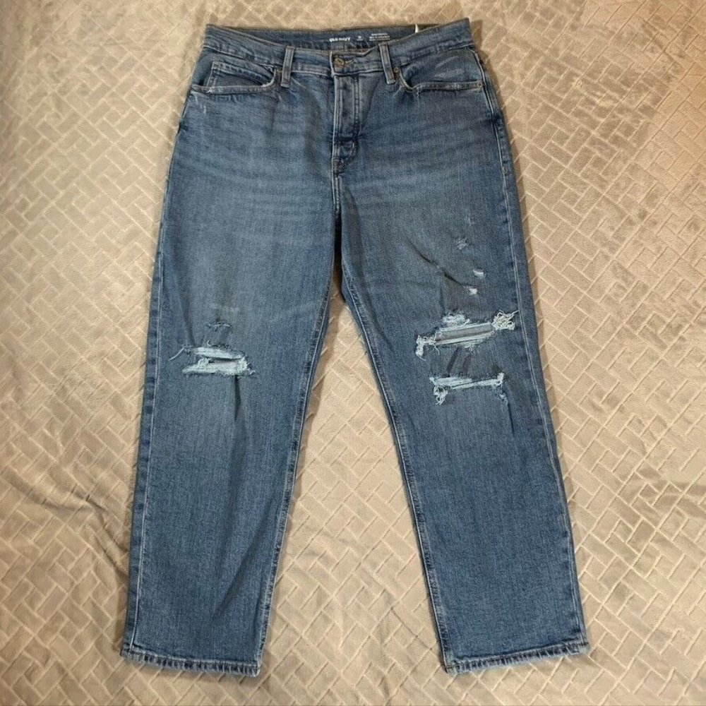 Old Navy Womens 12 Petite Denim Jeans Blue Sky Hi Straight Button Fly Distressed